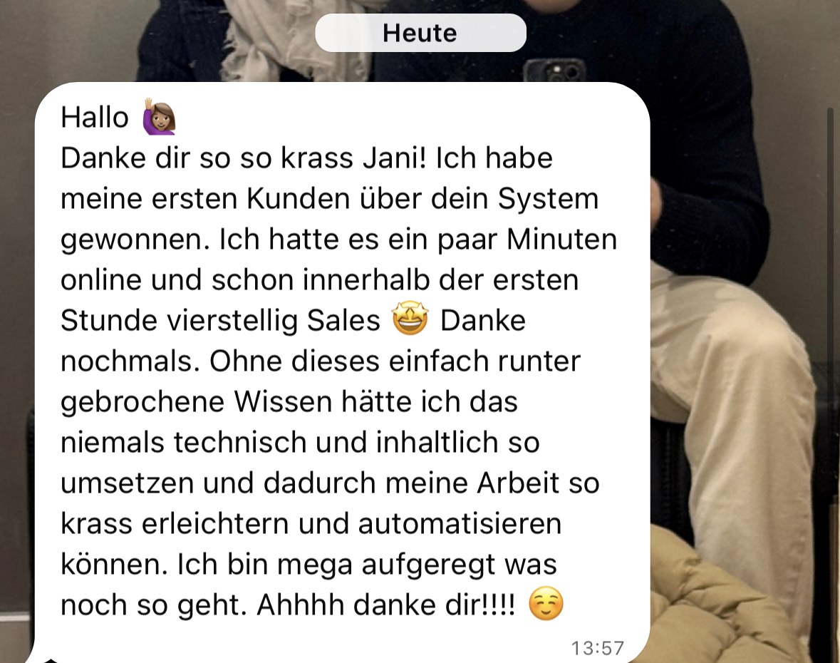 WhatsApp-Nachricht von Tahnee Christin über ihre ersten Kunden